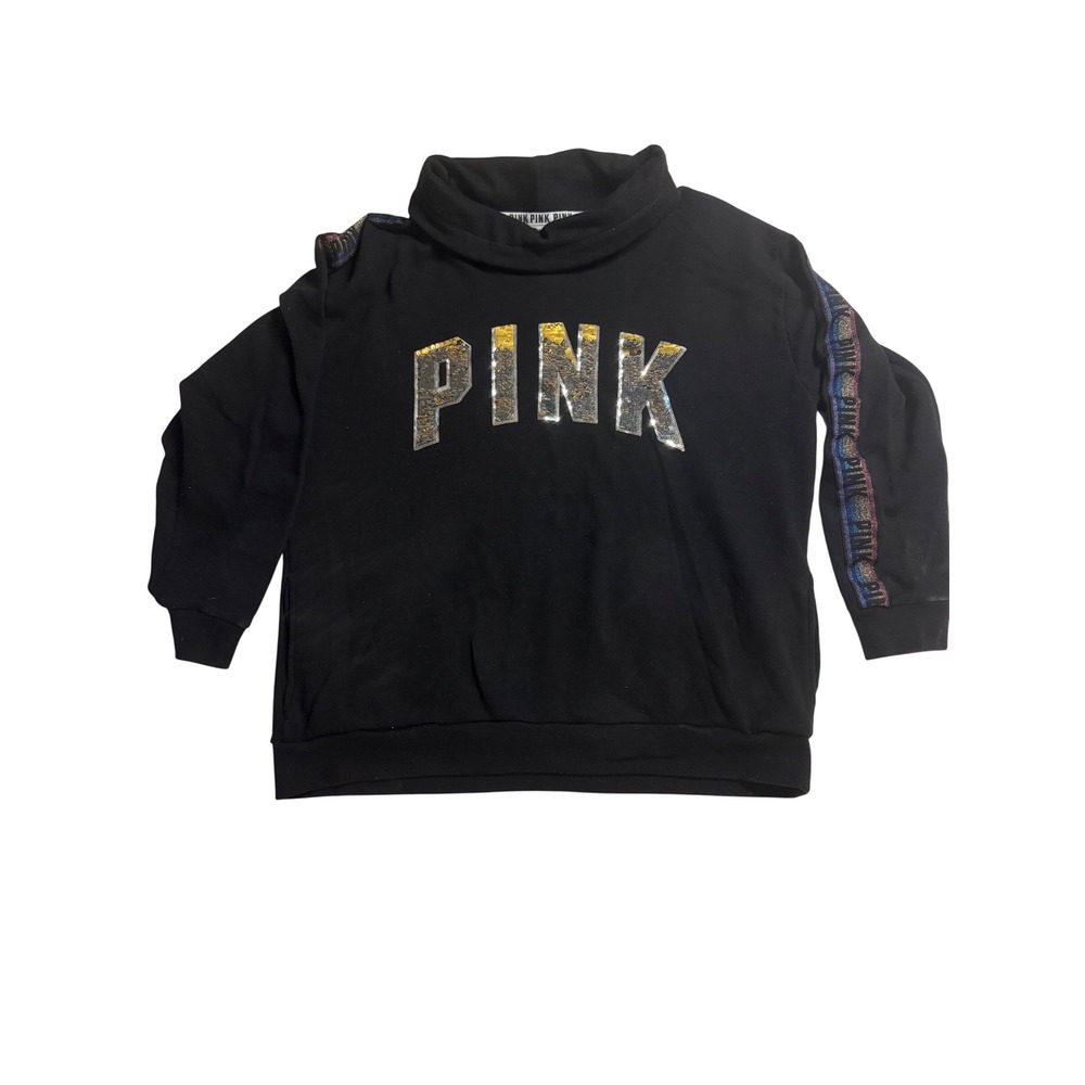 Victoria's Secret PINK Black Sequin Logo Funnel Neck Sweatshirt XL‎